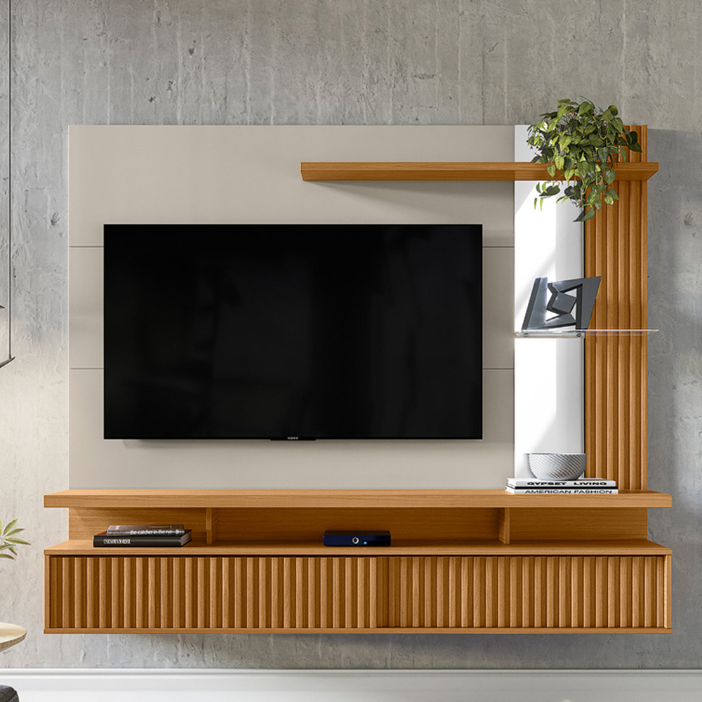 Painel Decorativo Otawa MDP/MDF Porta Ripada TV até 60 Polegadas Nature/Off White G77 - Gran Belo