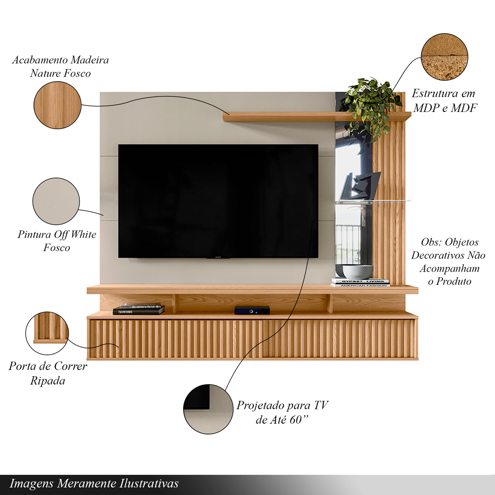 Painel Decorativo Otawa MDP/MDF Porta Ripada TV até 60 Polegadas Nature/Off White G77 - Gran Belo