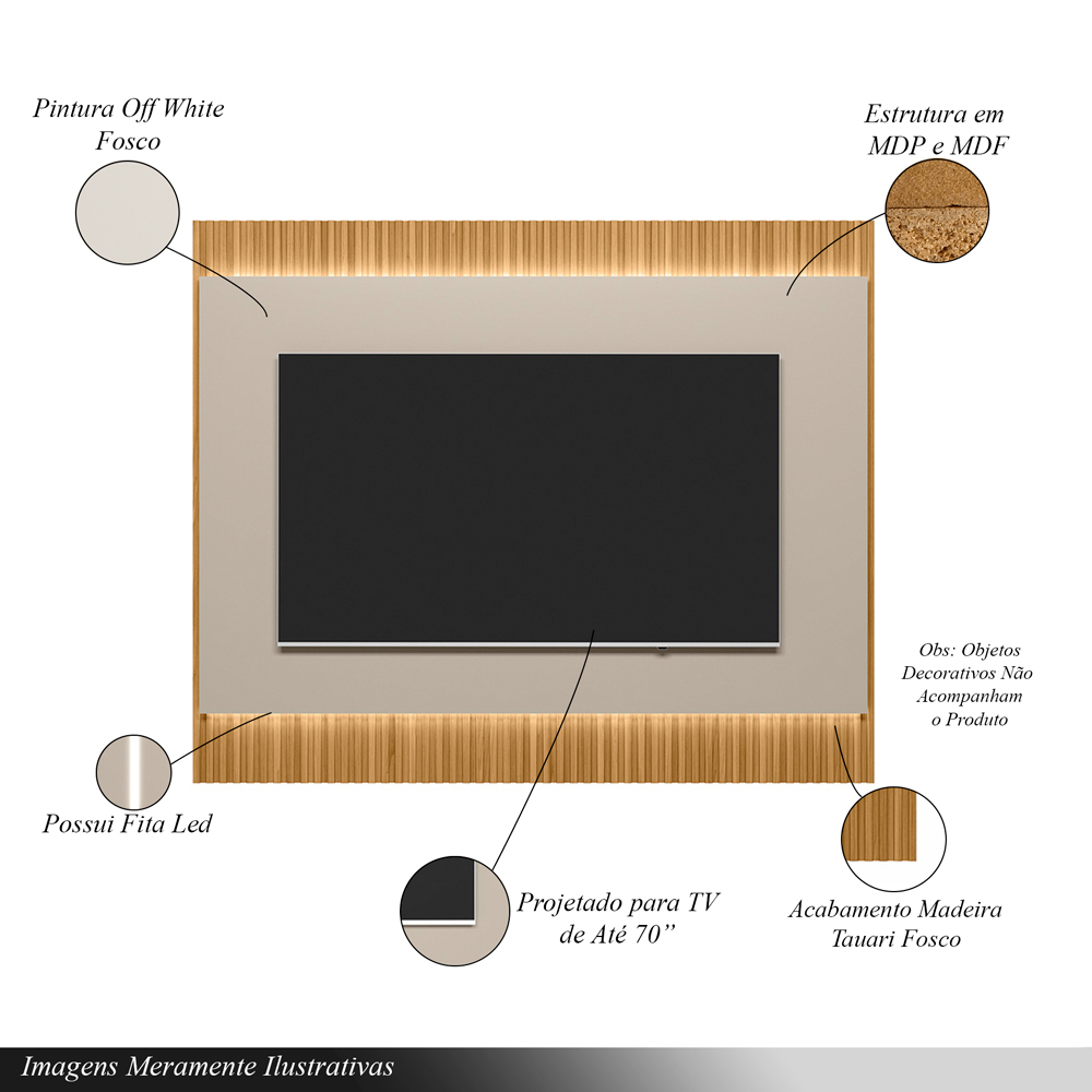 Painel Decorativo Singapura MDP/MDF TV até 70 Polegadas Ripado 1.8 Tauari/Off White G77 - Gran Belo
