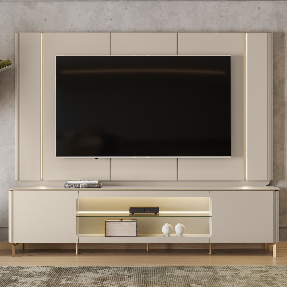 Painel Decorativo Switch MDP/MDF TV até 75 Polegadas com Fita LED Off White G77 - Gran Belo
