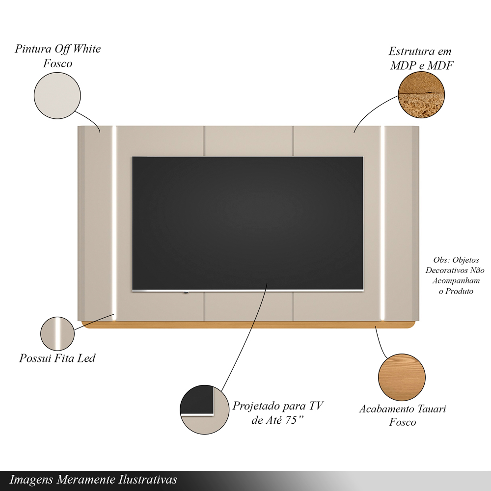 Painel Decorativo Switch MDP/MDF TV até 75 Polegadas com Fita LED Tauari/Off White G77 - Gran Belo