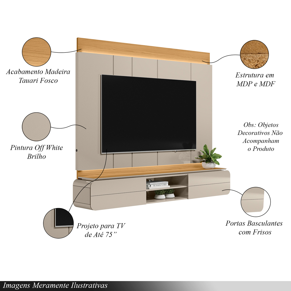 Painel Home Decorativo Zendaya MDP/MDF TV até 75 Polegadas Portas Tauari/Off White G77 - Gran Belo