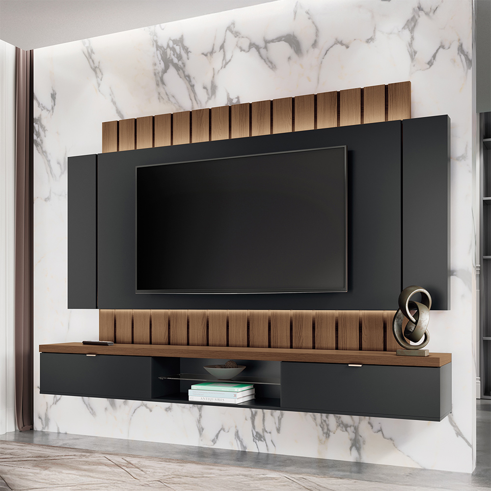 Painel Home Suspenso 2.2 para TV até 70 Illusion MDP/MDF com Fita LED Shawn Preto/Castanho G26 - Gran Belo