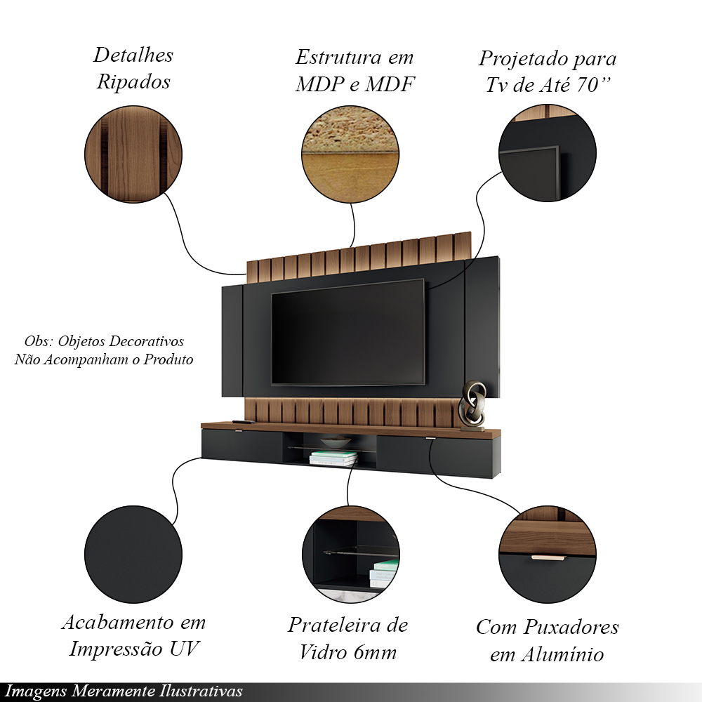 Painel Home Suspenso 2.2 para TV até 70 Illusion MDP/MDF com Fita LED Shawn Preto/Castanho G26 - Gran Belo