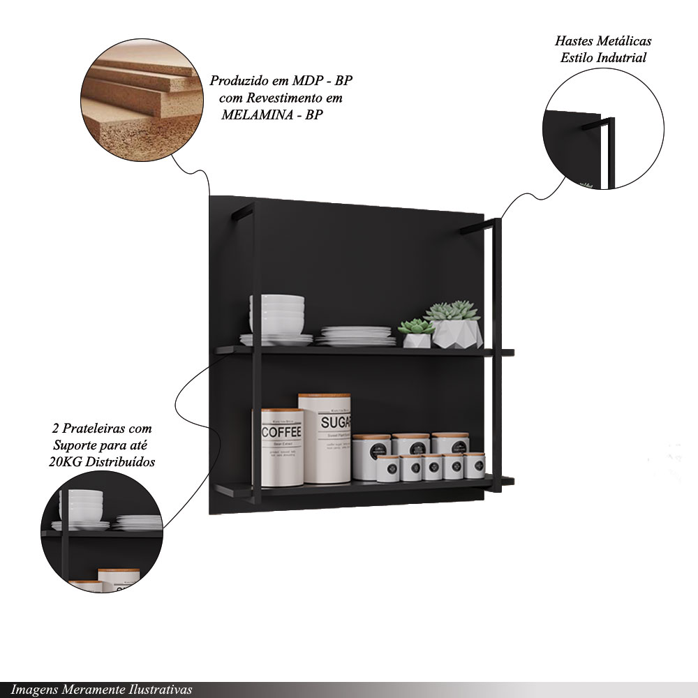 Painel Organizador com Solesi 2 Prateleiras Preto G96 - Gran Belo