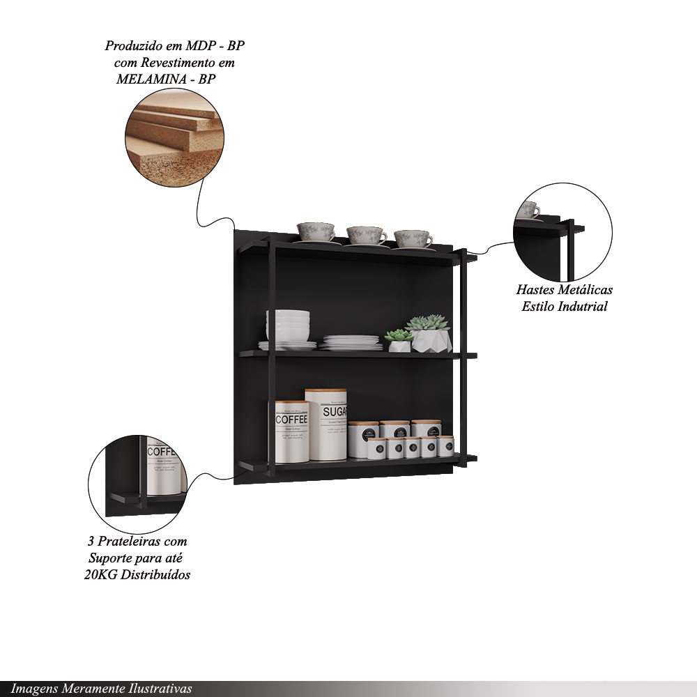 Painel Organizador com Solesi 3 Prateleiras Preto G96 - Gran Belo