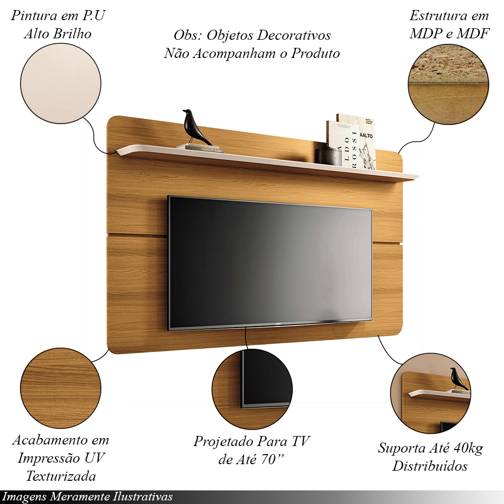 Painel Suspenso Decorativo 1.8 TV até 70 Polegadas Kirby Cinamomo/Off White G26 - Gran Belo