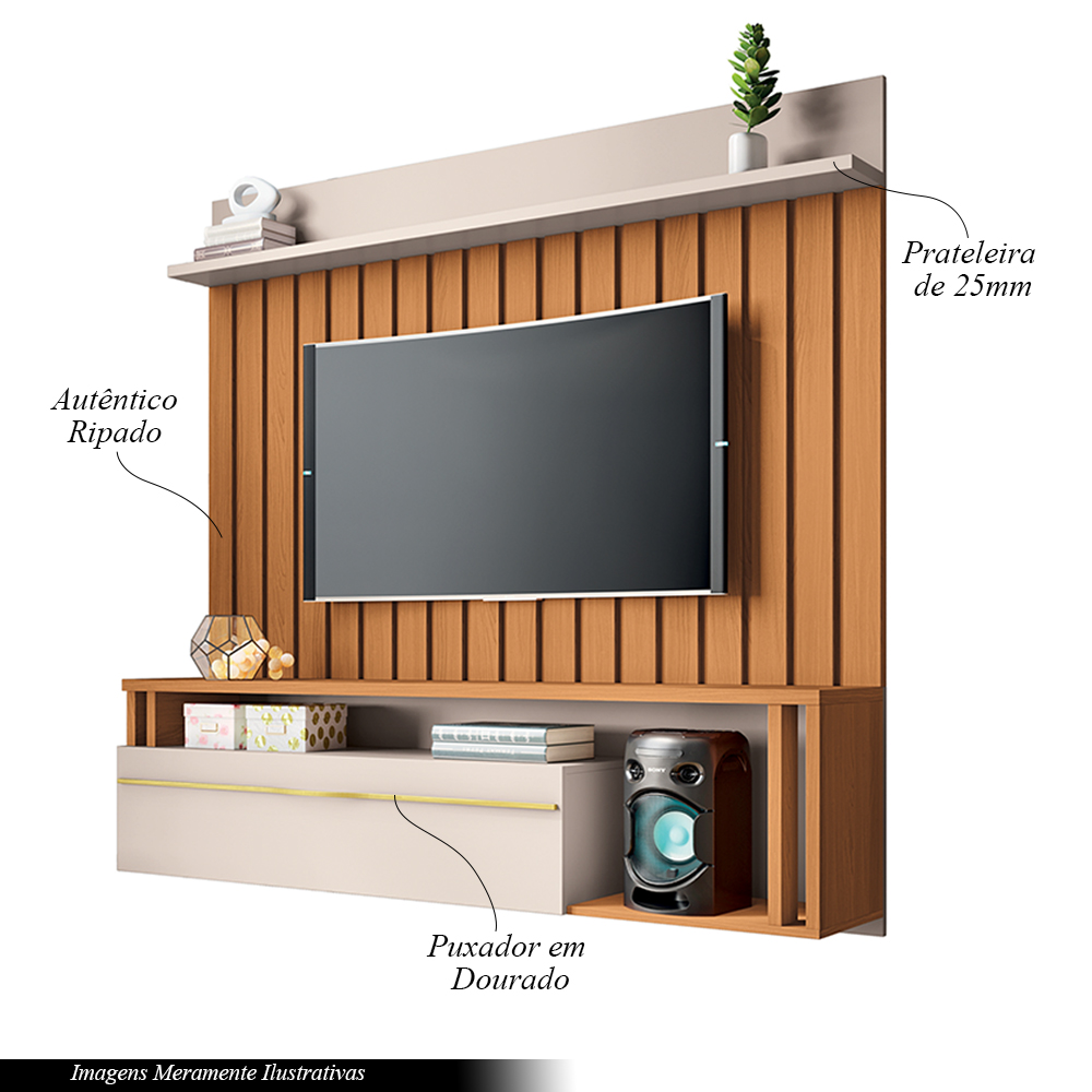 Painel Suspenso Decorativo Stesso Ripado pata TV até 55" Cinamomo/Off White G26 - Gran Belo