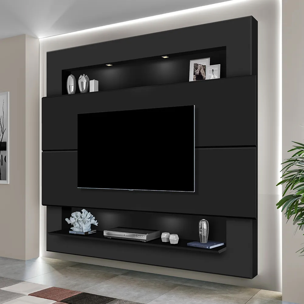 Painel Suspenso Forlán 210cm em MDF 25mm com Led Suporta TV até 75 Polegadas Preto Fosco G37 - Gran Belo
