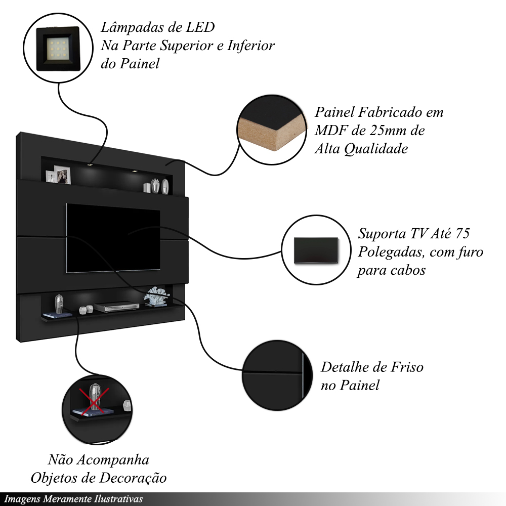 Painel Suspenso Forlán 210cm em MDF 25mm com Led Suporta TV até 75 Polegadas Preto Fosco G37 - Gran Belo