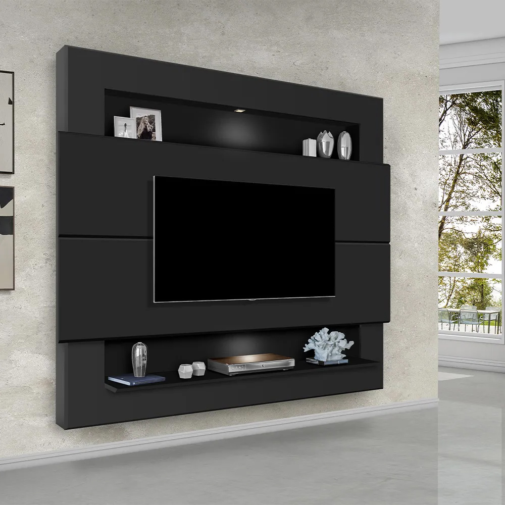 Painel Suspenso Forlán 210cm em MDF 25mm com Led Suporta TV até 75 Polegadas Preto Fosco G37 - Gran Belo