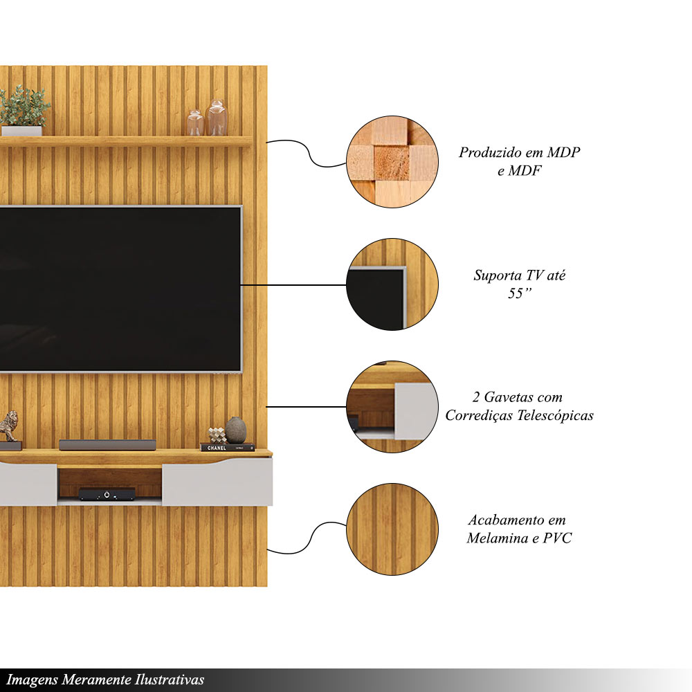 Painel Suspenso Ripado Seko TV 55" Portas Basculantes Borda Chanfrada Cedro/Bali G18 - Gran Belo