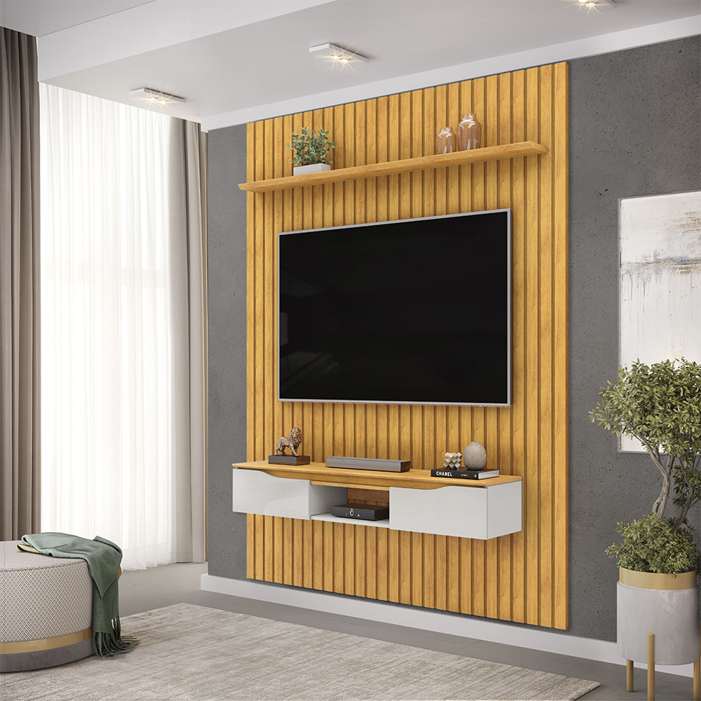 Painel Suspenso Ripado Seko TV 65" Portas Basculantes Borda Chanfrada Cedro/Bali G18 - Gran Belo