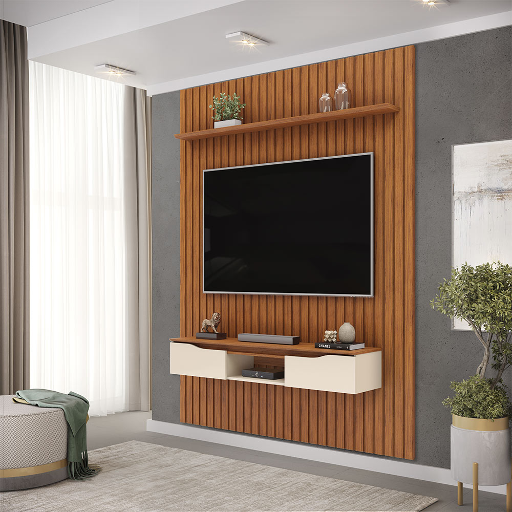 Painel Suspenso Ripado Seko TV 65" Portas Basculantes Borda Chanfrada Freijó/OffWhite G18 - Gran Belo