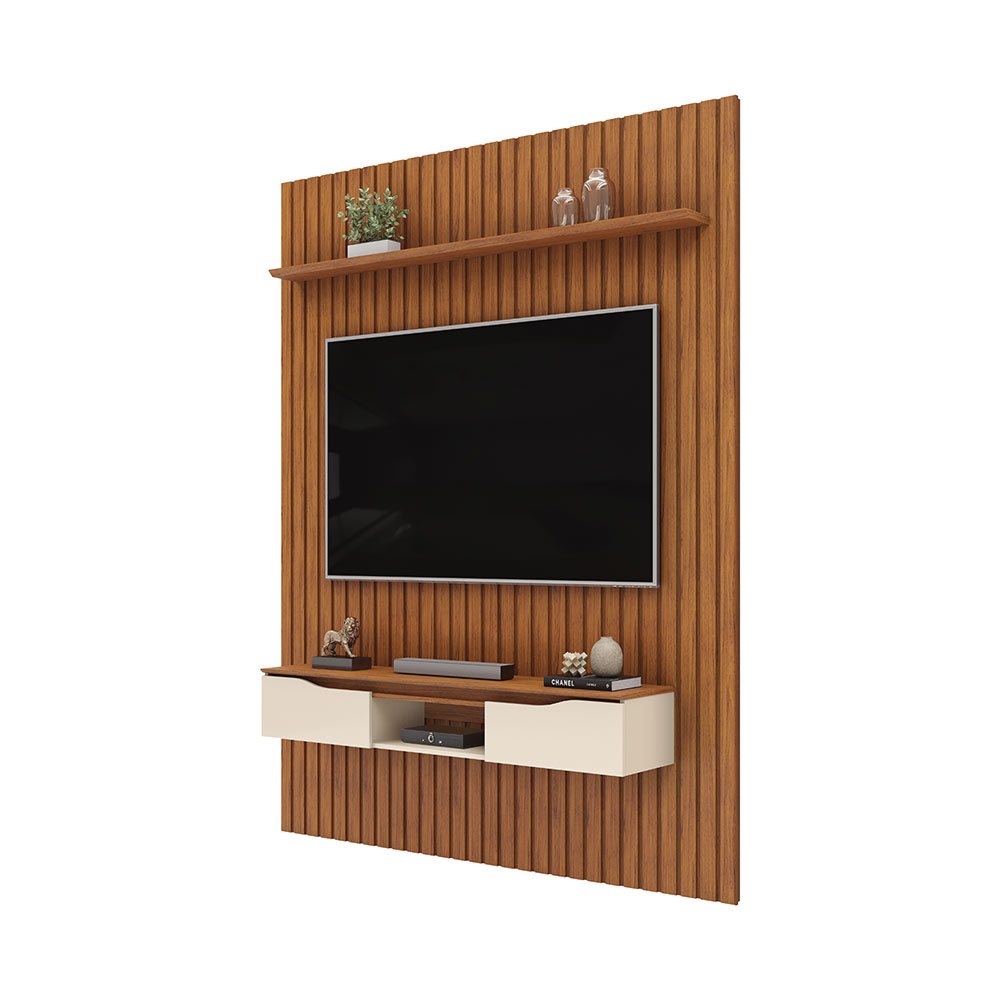 Painel Suspenso Ripado Seko TV 65" Portas Basculantes Borda Chanfrada Freijó/OffWhite G18 - Gran Belo