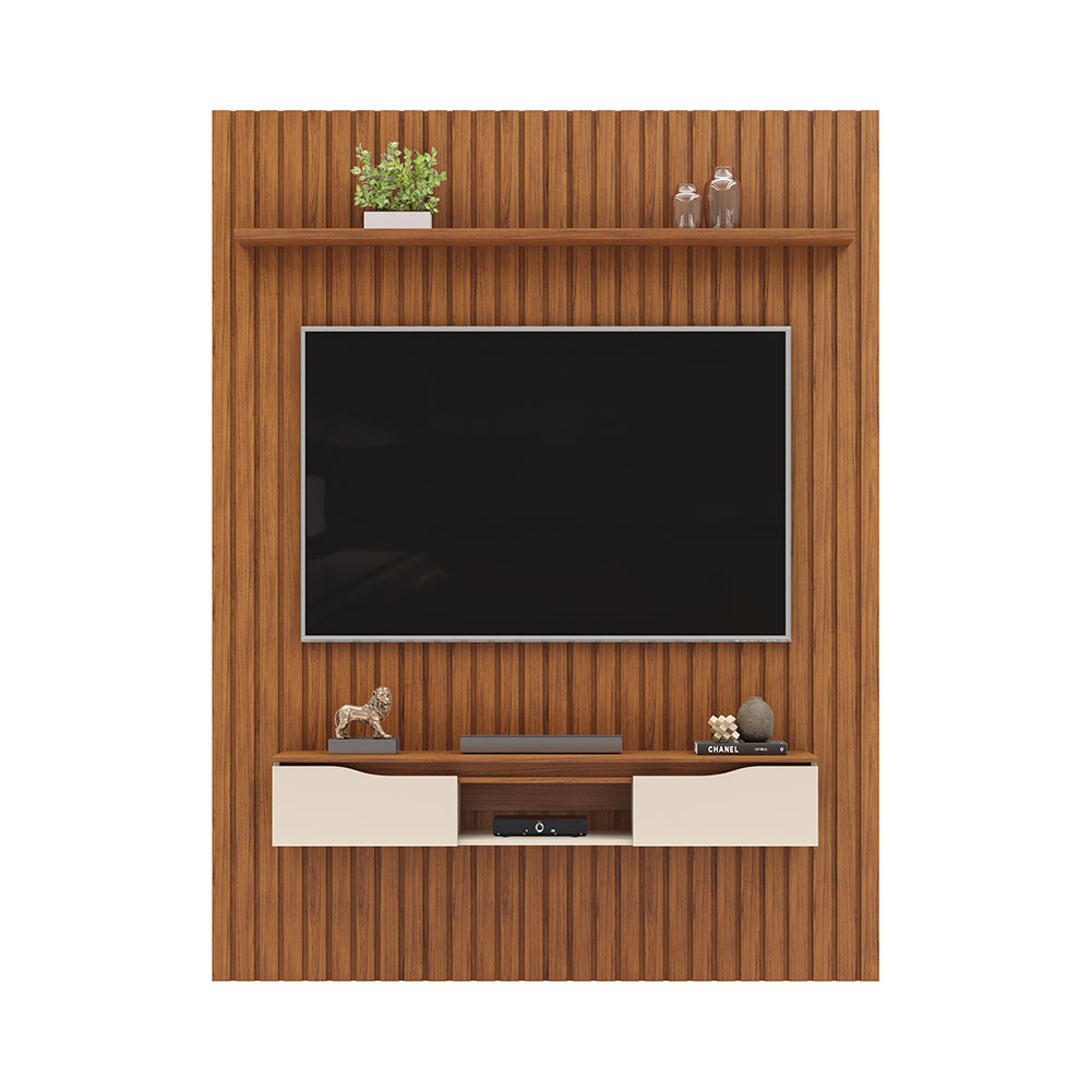 Painel Suspenso Ripado Seko TV 65" Portas Basculantes Borda Chanfrada Freijó/OffWhite G18 - Gran Belo