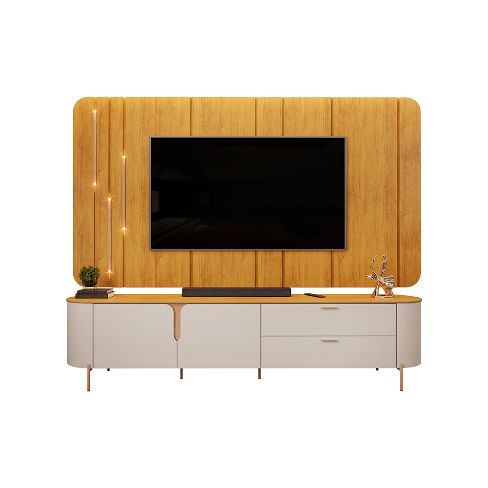 Painel com Bancada 241cm Avatar com LED e Detalhes Dourados para TV Até 75 Mel/Off White G18 - Gran Belo