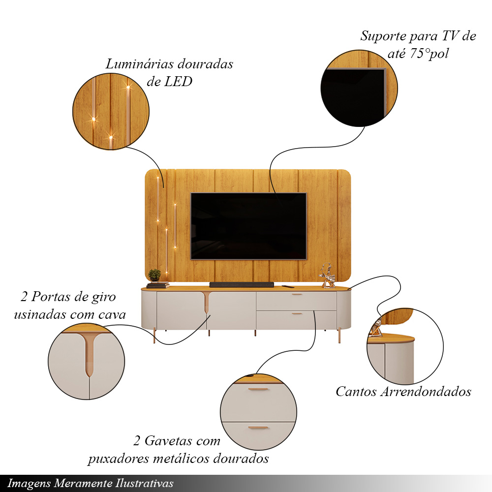 Painel com Bancada 241cm Avatar com LED e Detalhes Dourados para TV Até 75 Mel/Off White G18 - Gran Belo