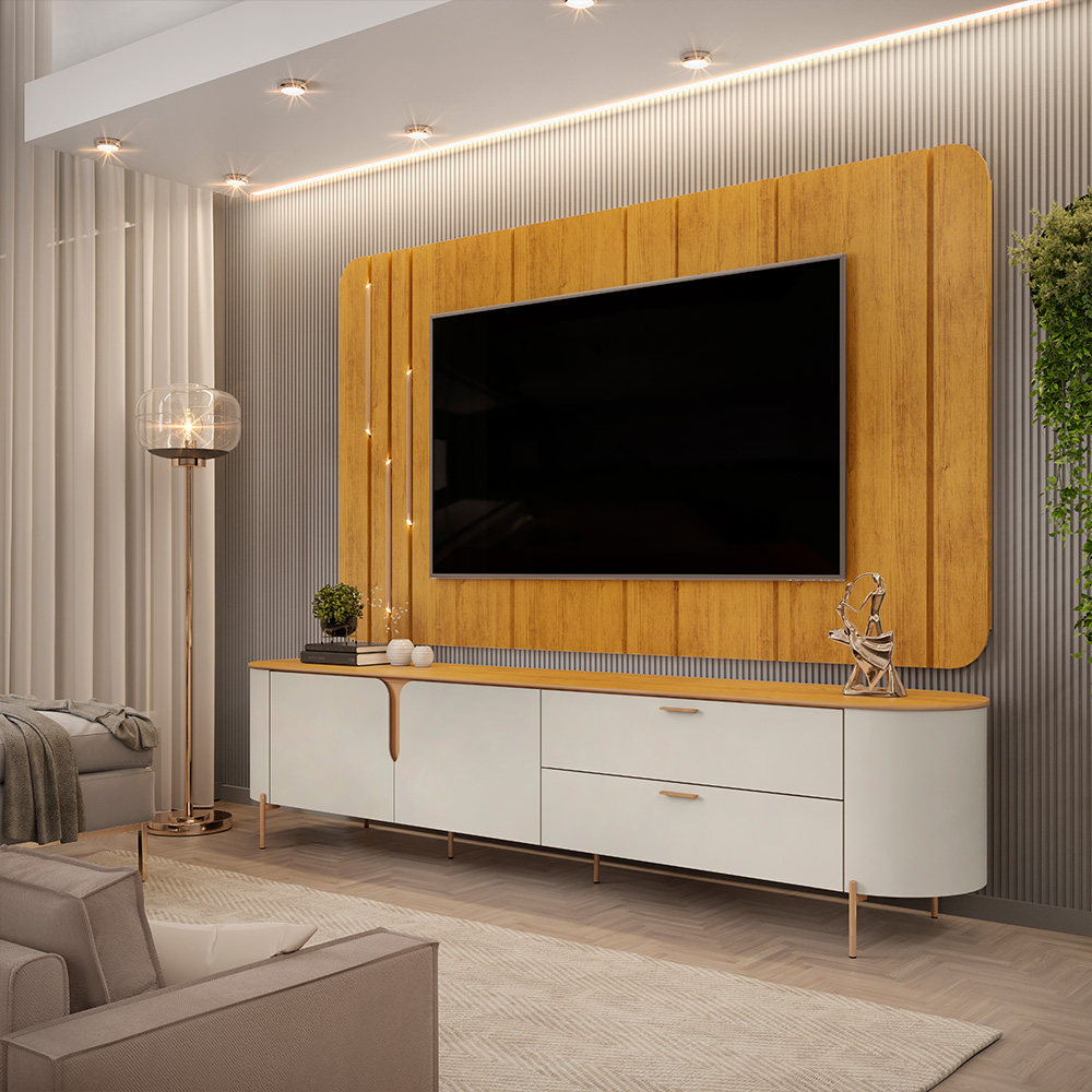 Painel com Bancada 241cm Avatar com LED e Detalhes Dourados para TV Até 75 Mel/Off White G18 - Gran Belo