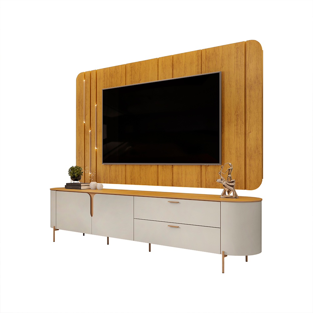 Painel com Bancada 241cm Avatar com LED e Detalhes Dourados para TV Até 75 Mel/Off White G18 - Gran Belo