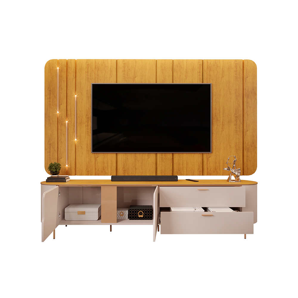 Painel com Bancada 241cm Avatar com LED e Detalhes Dourados para TV Até 75 Mel/Off White G18 - Gran Belo