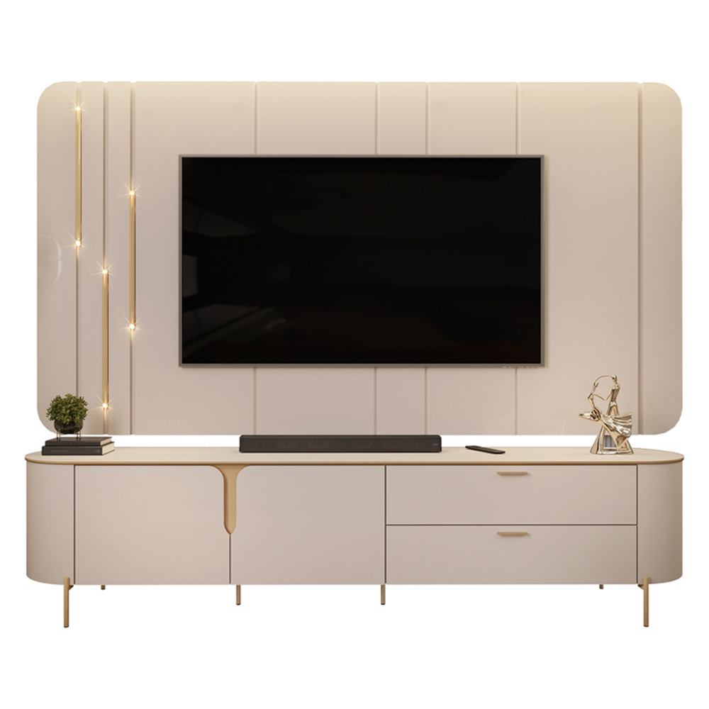 Painel com Bancada 241cm Avatar com LED e Detalhes Dourados para TV Até 75 Off White G18 - Gran Belo