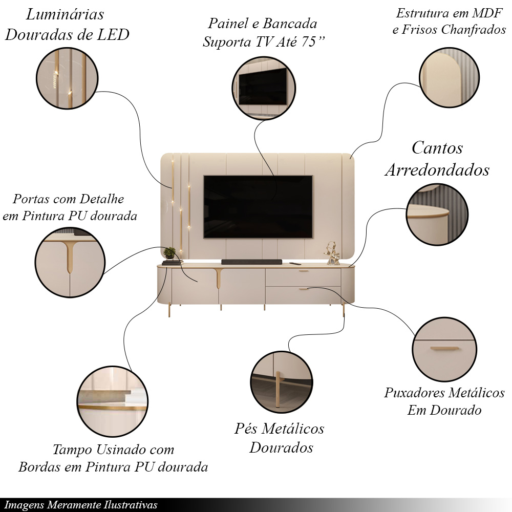 Painel com Bancada 241cm Avatar com LED e Detalhes Dourados para TV Até 75 Off White G18 - Gran Belo