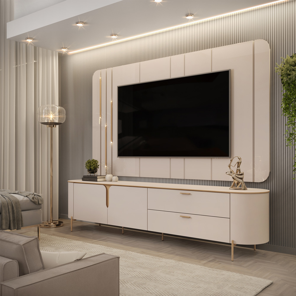 Painel com Bancada 241cm Avatar com LED e Detalhes Dourados para TV Até 75 Off White G18 - Gran Belo