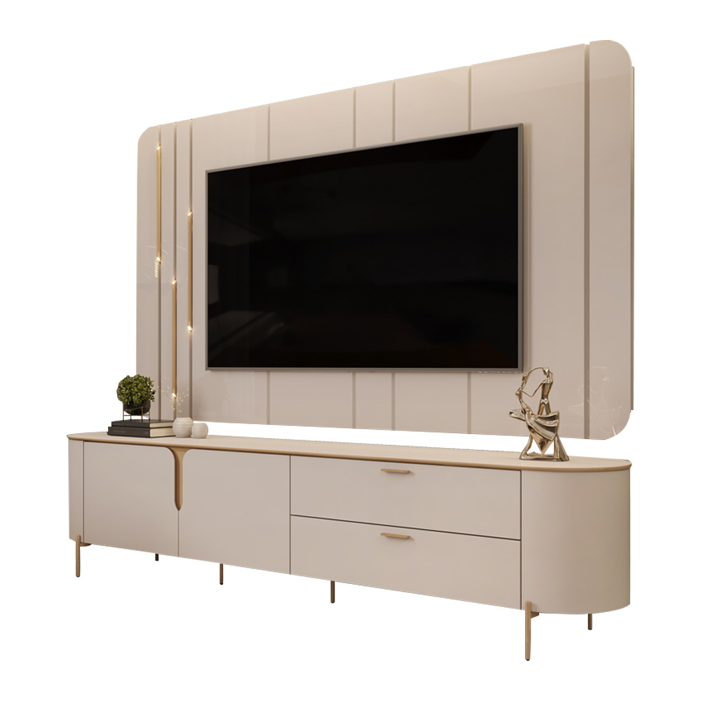 Painel com Bancada 241cm Avatar com LED e Detalhes Dourados para TV Até 75 Off White G18 - Gran Belo