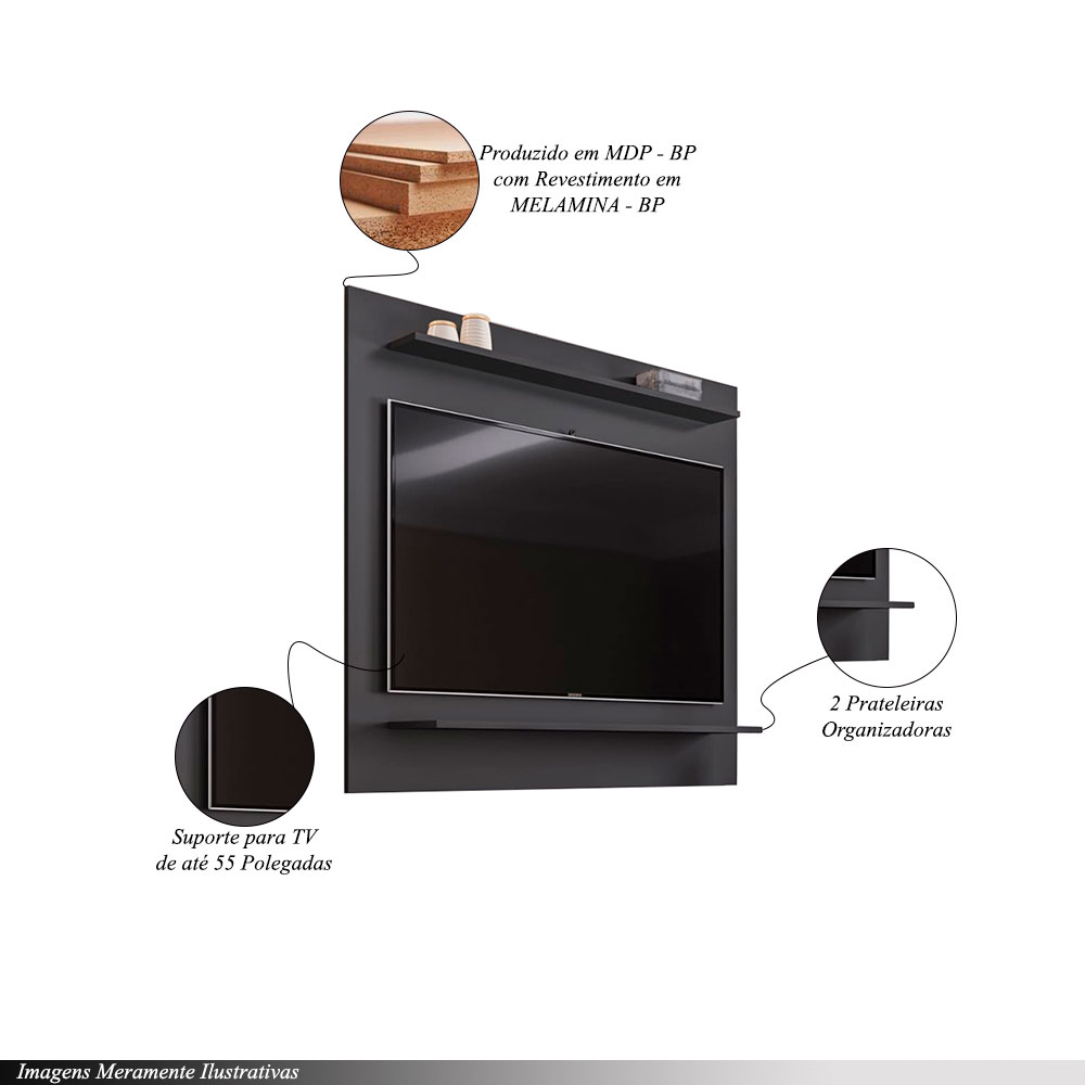 Painel para TVs até 50 Linden MDP/BP com 2 Prateleiras Preto G96 - Gran Belo