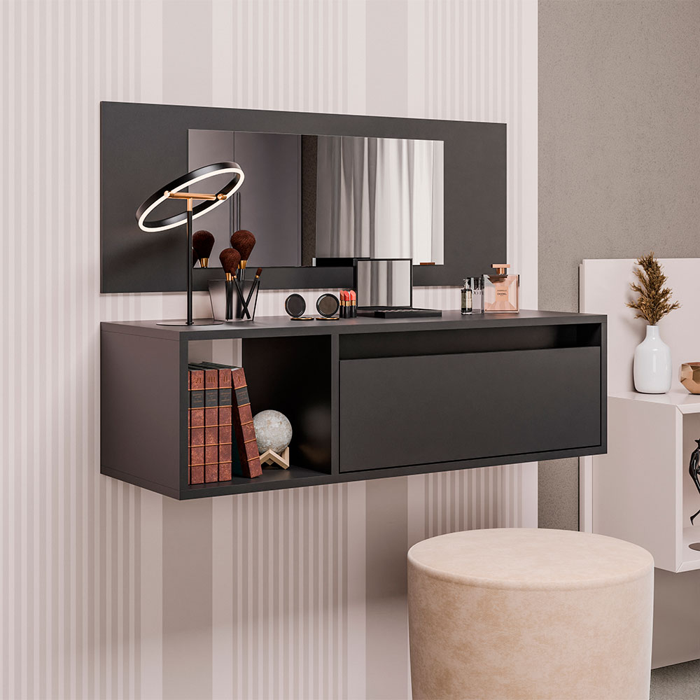 Penteadeira Camarim Gênesis com Nicho Decorativo e Gaveta Preto G96 - Gran Belo