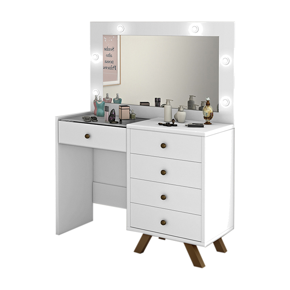 Penteadeira Decorativa 4 Gavetas e Porta Jóias com Tampo de Vidro Diana Branco G37 - Gran Belo
