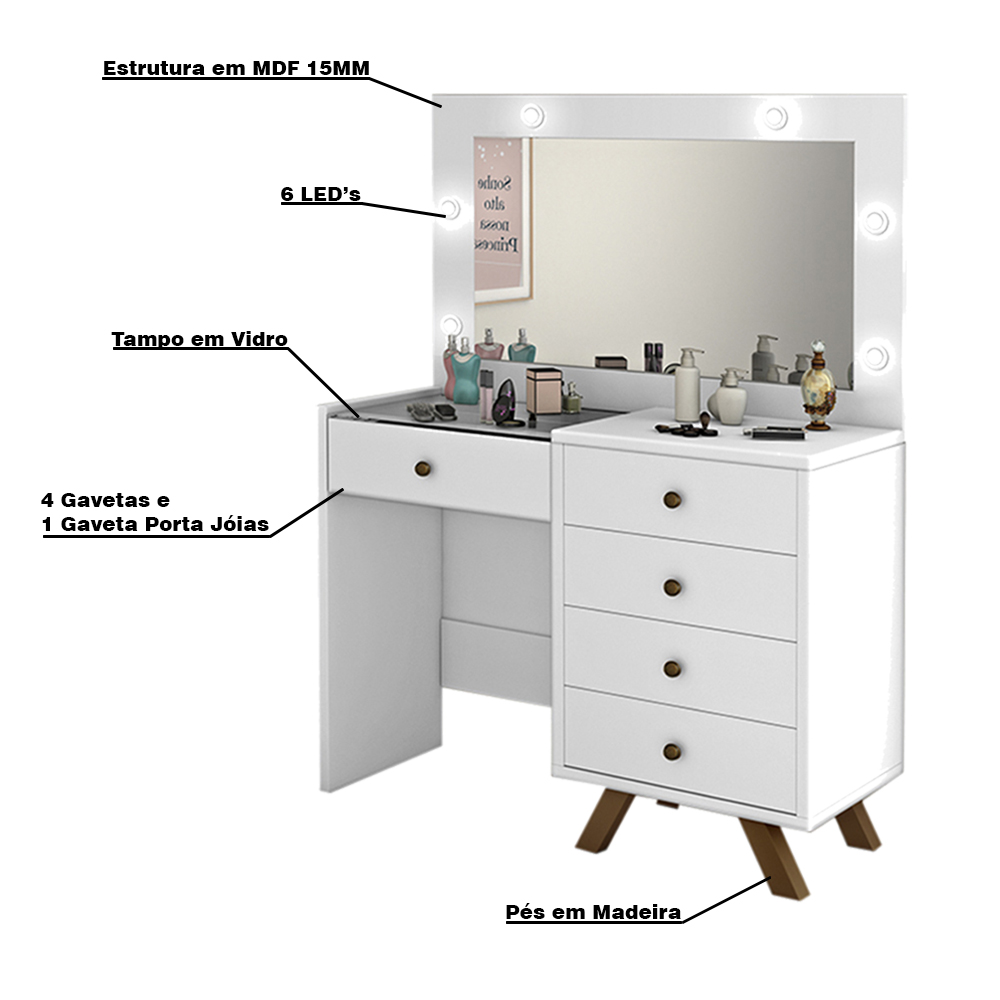 Penteadeira Decorativa 4 Gavetas e Porta Jóias com Tampo de Vidro Diana Branco G37 - Gran Belo