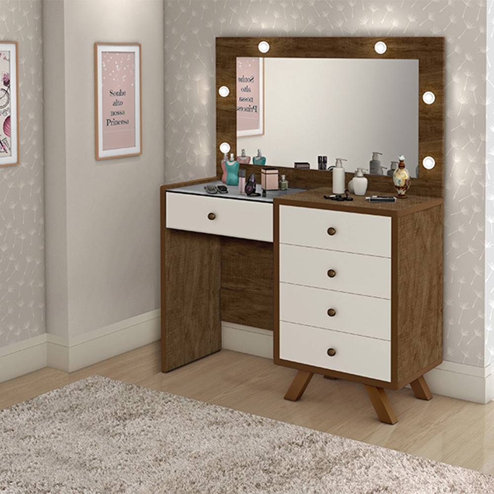 Penteadeira Decorativa 4 Gavetas e Porta Jóias com Tampo de Vidro Diana Malbec/Off White G37 - Gran Belo