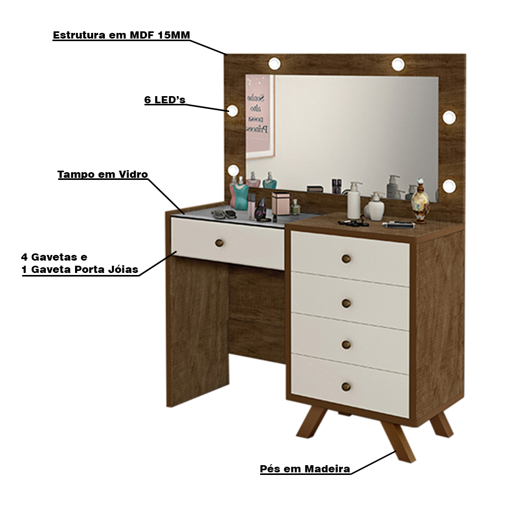 Penteadeira Decorativa 4 Gavetas e Porta Jóias com Tampo de Vidro Diana Malbec/Off White G37 - Gran Belo