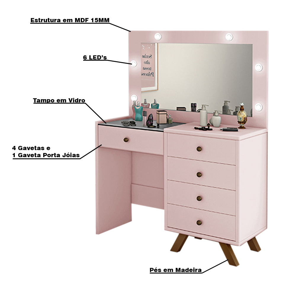 Penteadeira Decorativa 4 Gavetas e Porta Jóias com Tampo de Vidro Diana Rose G37 - Gran Belo