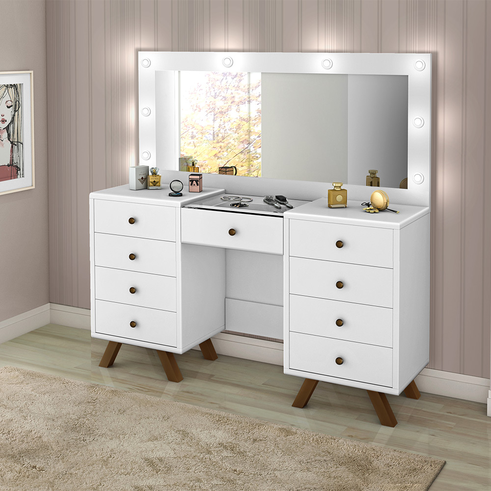 Penteadeira Decorativa 8 Gavetas Porta Joias com Tampo de Vidro Finn Branco G37 - Gran Belo