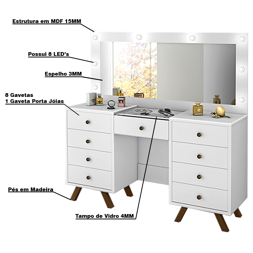 Penteadeira Decorativa 8 Gavetas Porta Joias com Tampo de Vidro Finn Branco G37 - Gran Belo