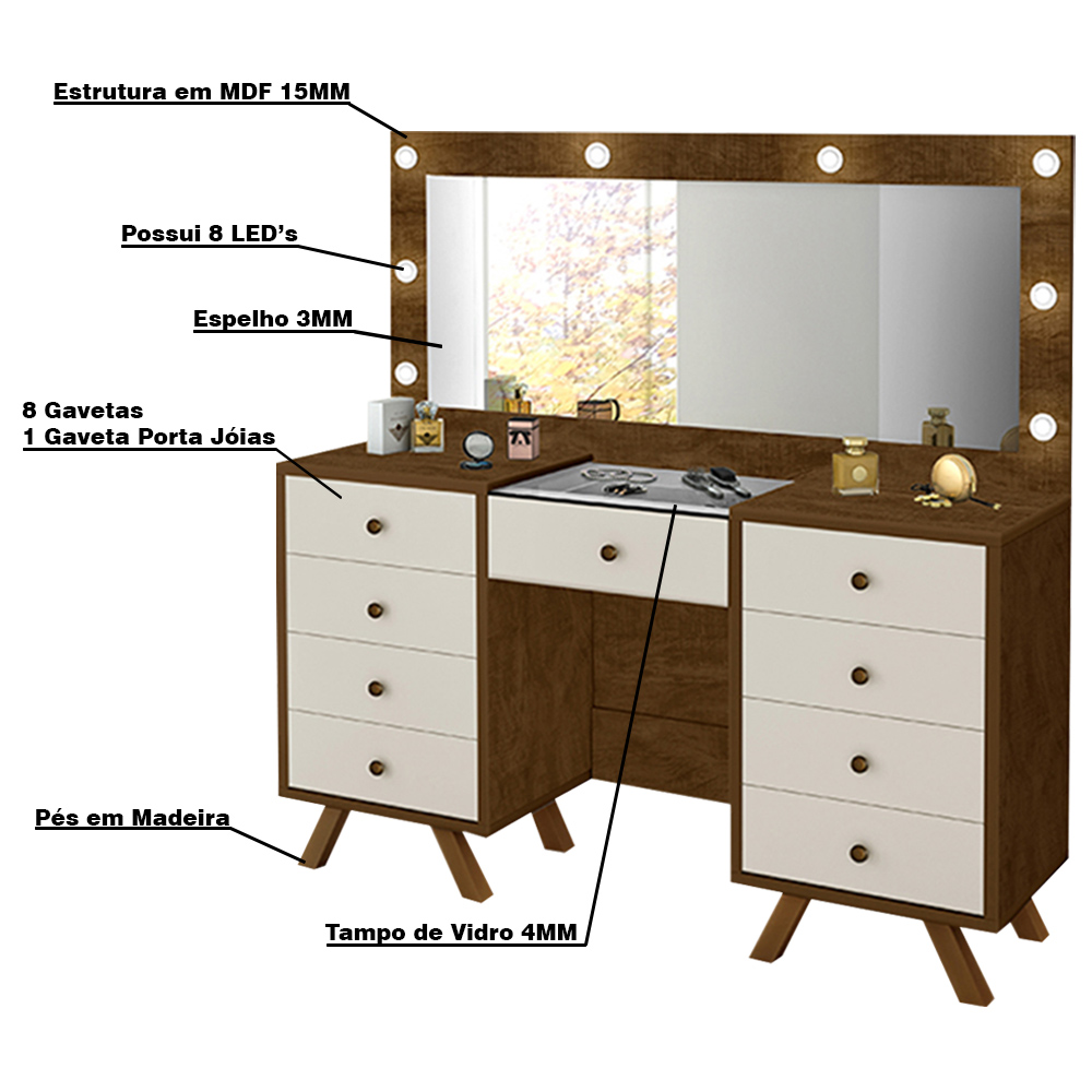 Penteadeira Decorativa 8 Gavetas Porta Joias com Tampo de Vidro Finn Malbec/Off White G37 - Gran Belo