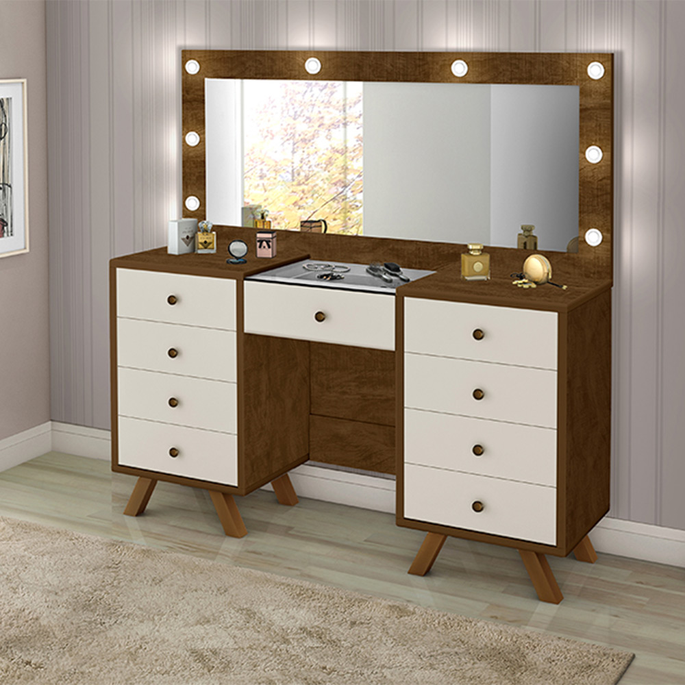 Penteadeira Decorativa 8 Gavetas Porta Joias com Tampo de Vidro Finn Malbec/Off White G37 - Gran Belo