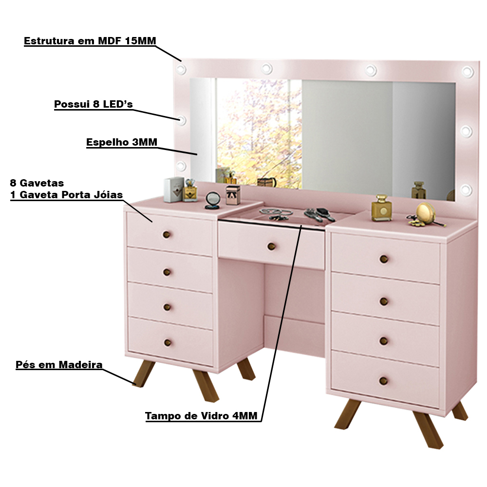 Penteadeira Decorativa 8 Gavetas Porta Joias com Tampo de Vidro Finn Rose G37 - Gran Belo