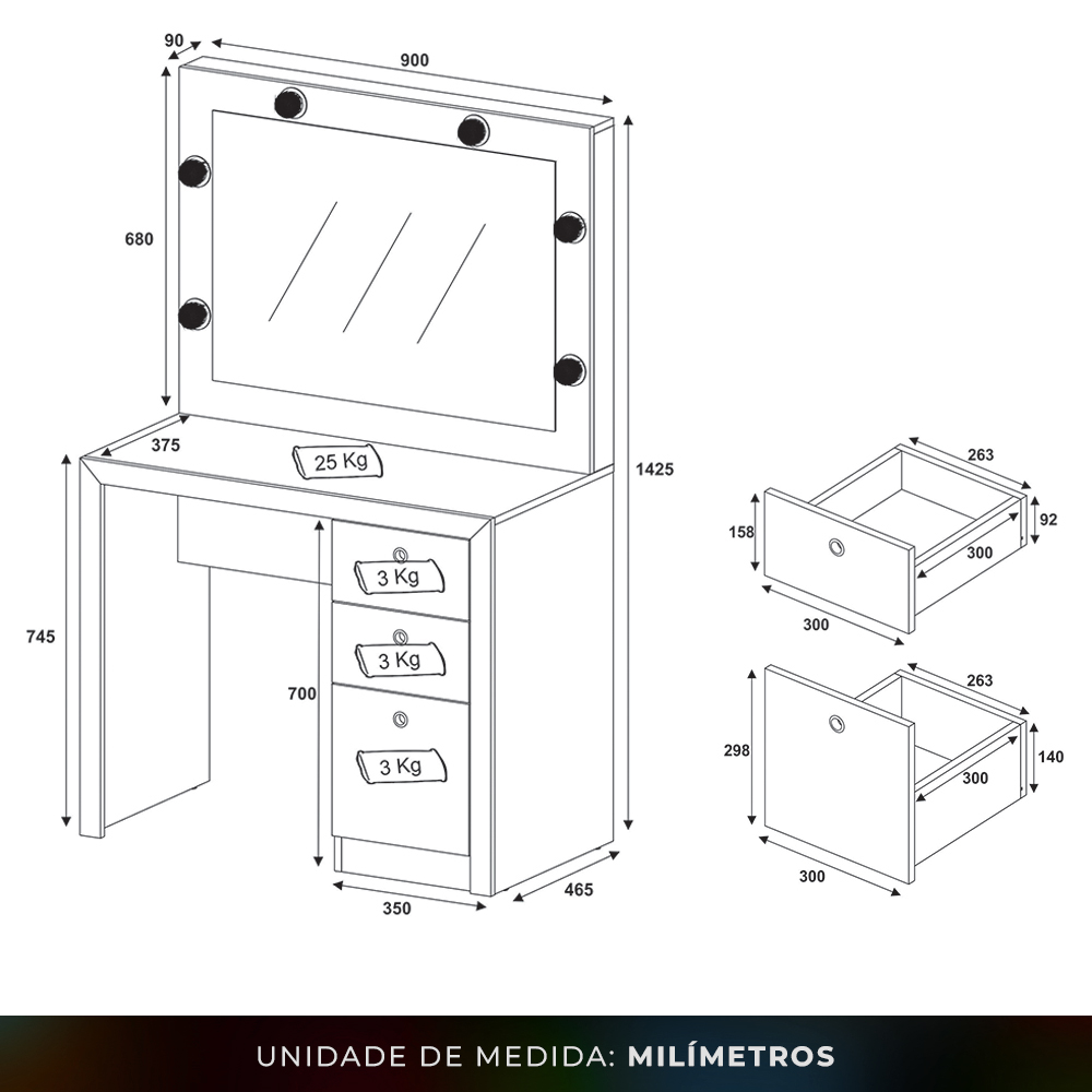 Penteadeira para Quarto Decorativa PE2010 MPD Branco G69 - Gran Belo