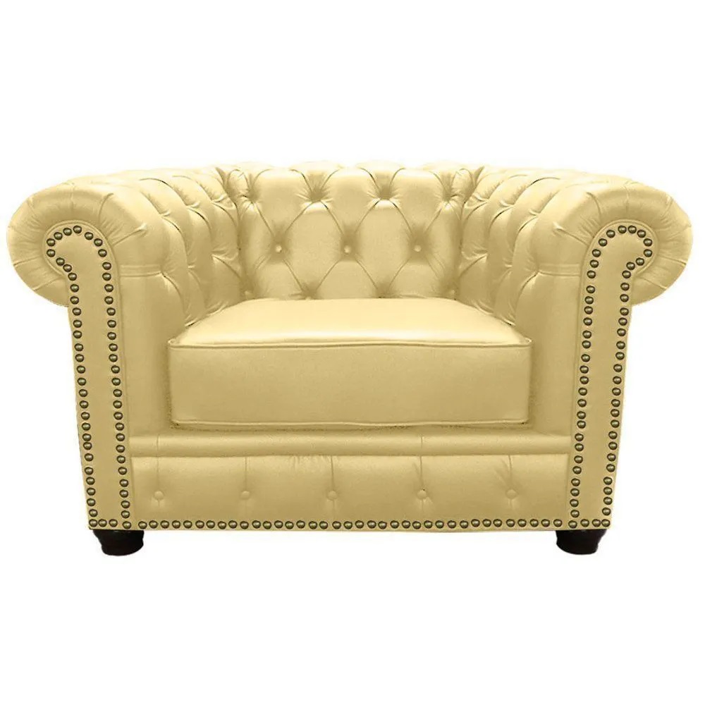 Poltrona Chesterfield com Pés Madeira Couro Bege G40 - Gran Belo