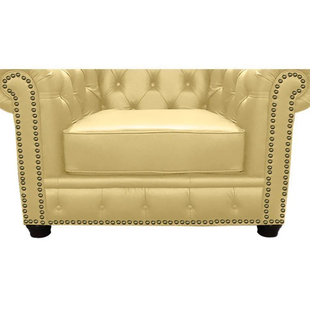 Poltrona Chesterfield com Pés Madeira Couro Bege G40 - Gran Belo