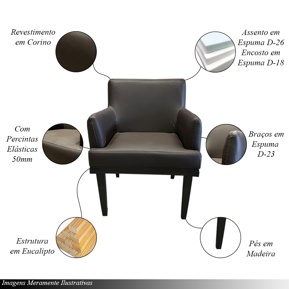 Poltrona Decorativa Alyssa para Sala de Estar Pés de Madeira Corino Marrom Conforto e Estilo G19 - Gran Belo