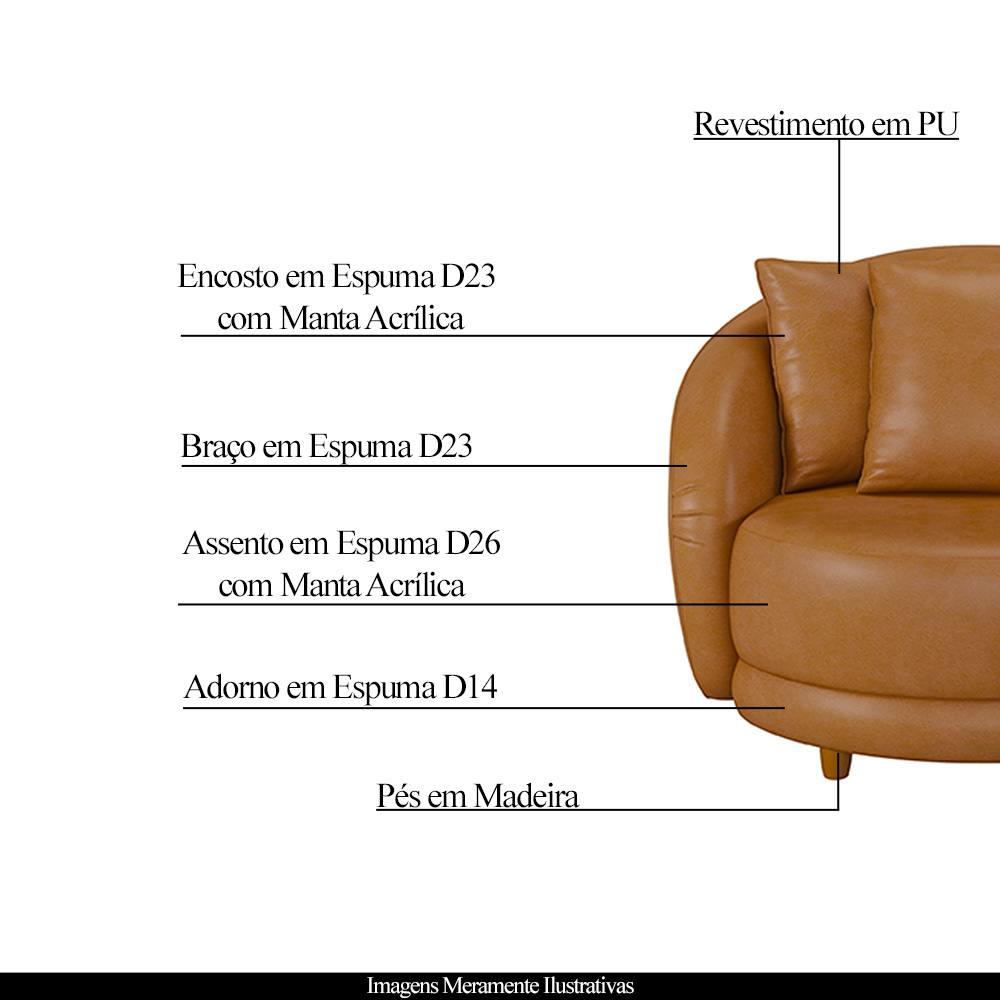 Poltrona Decorativa Base Fixa Galáxia com Almofadas PU Caramelo G45 - Gran Belo