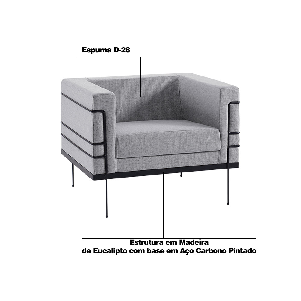 Poltrona Decorativa Base de Aço Preto Jeanneret-Gris Linhão Cinza G17 - Gran Belo