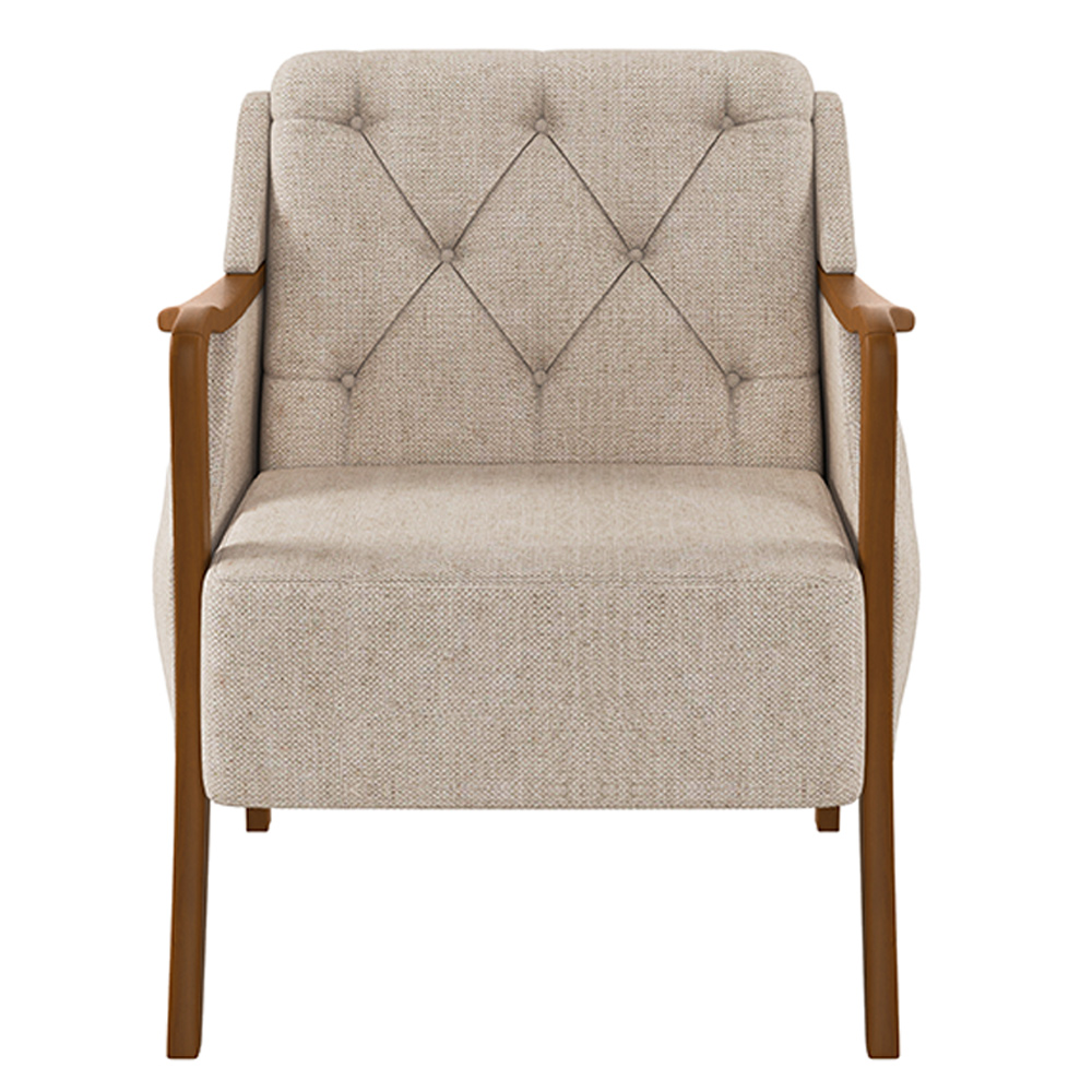 Poltrona Decorativa Braços em Madeira Hand Linho Bege G45 - Gran Belo