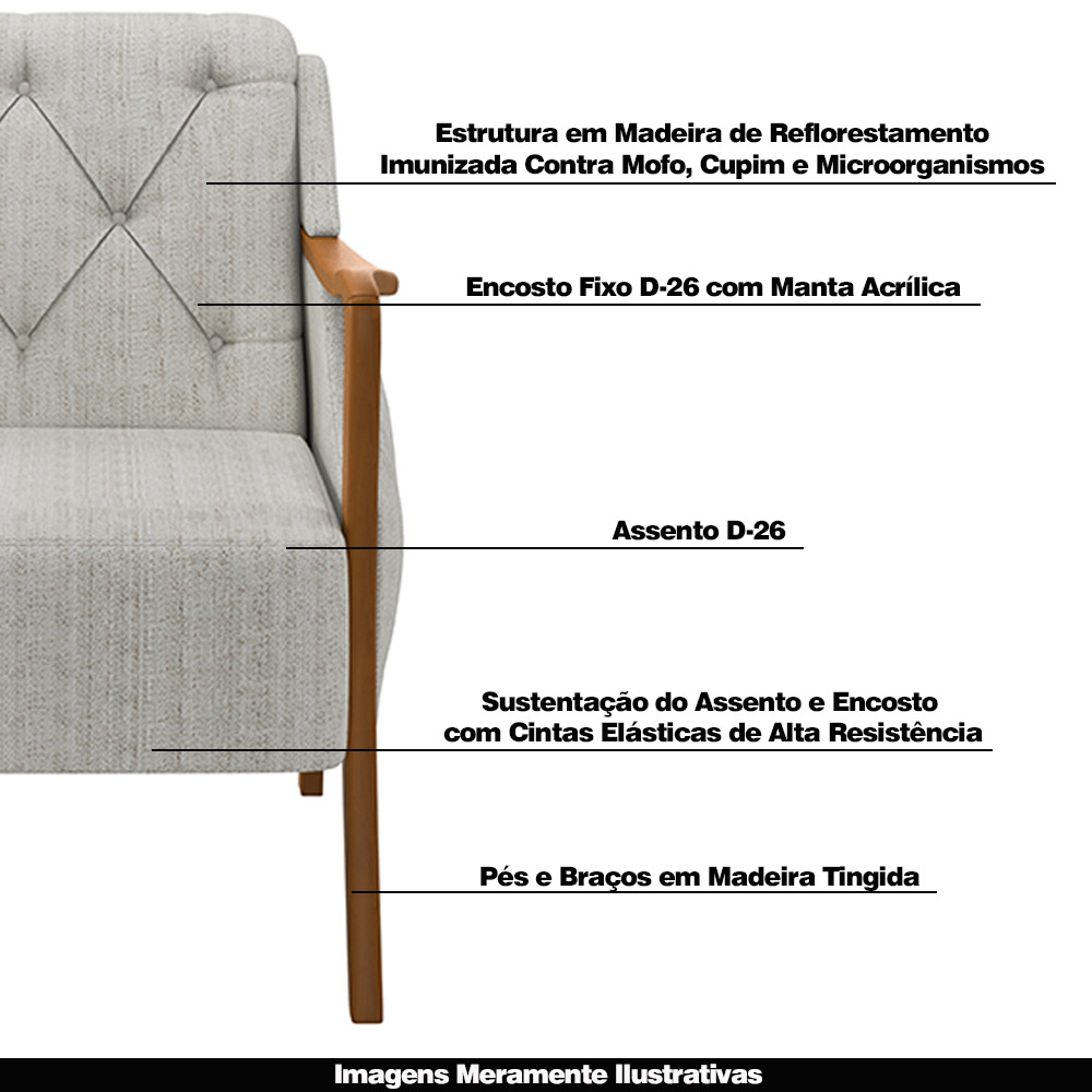 Poltrona Decorativa Braços em Madeira Hand Linho Cru G45 - Gran Belo