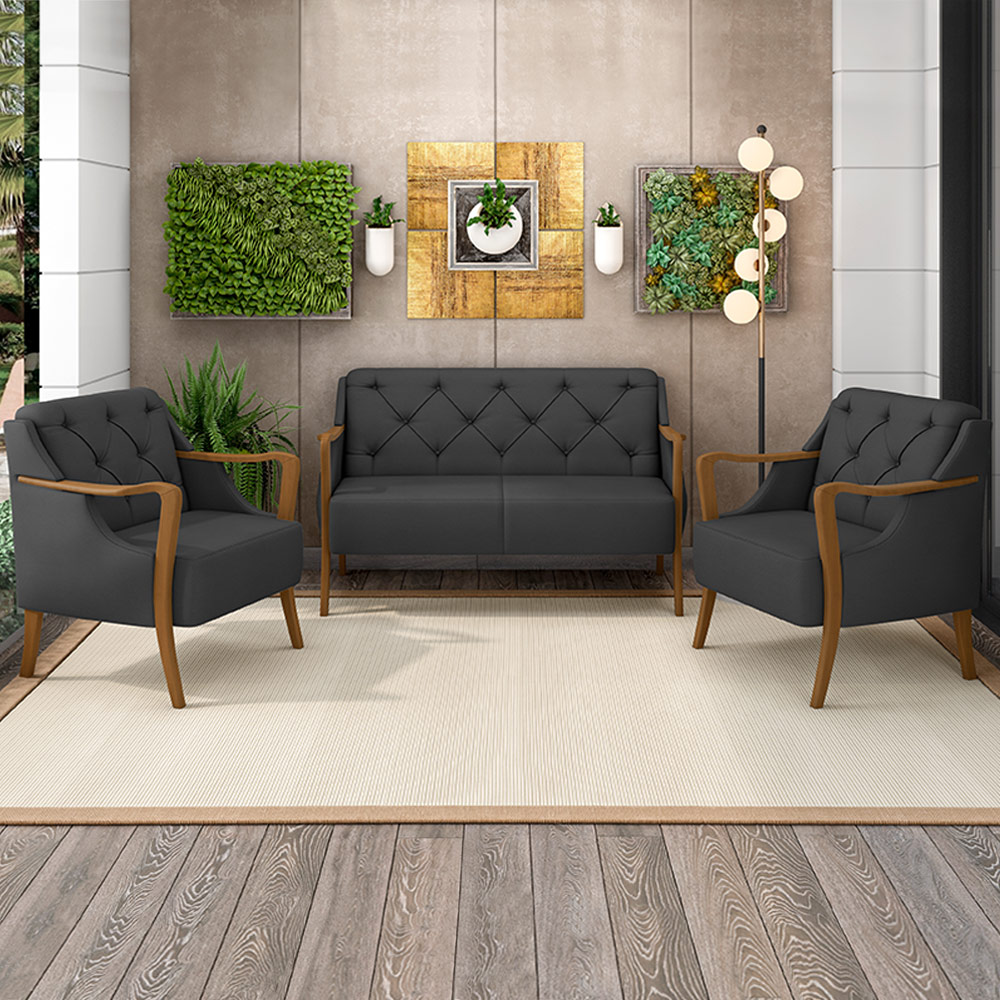 Poltrona Decorativa Braços em Madeira Hand PU Preto G45 - Gran Belo
